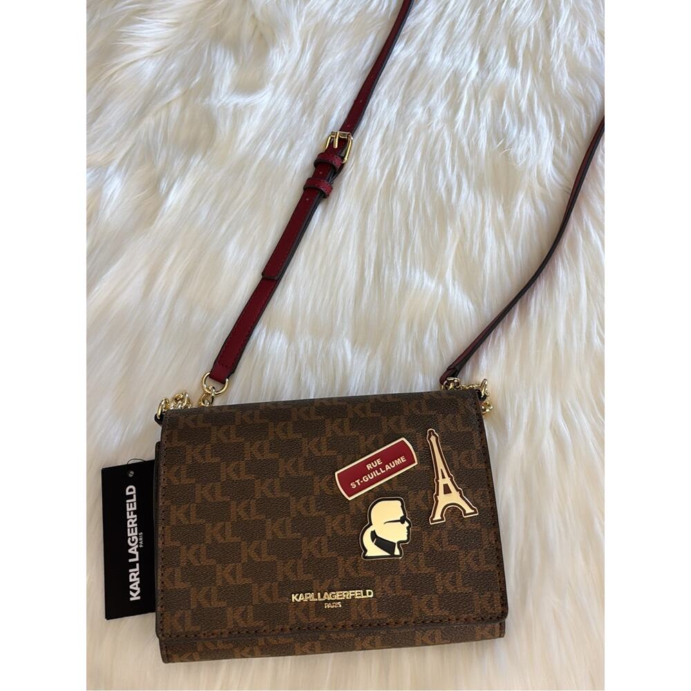 Karl Lagerfeld Brown Monogram Crossbody with Red Strap and Gold Hardware - Picture 8 of 12